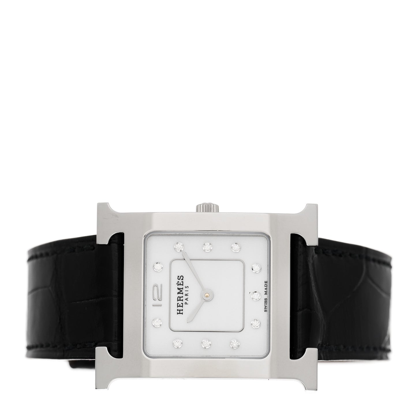Stainless Steel Alligator Diamond Mother of Pearl 21mm Heure H Hour Quartz Watch Noir