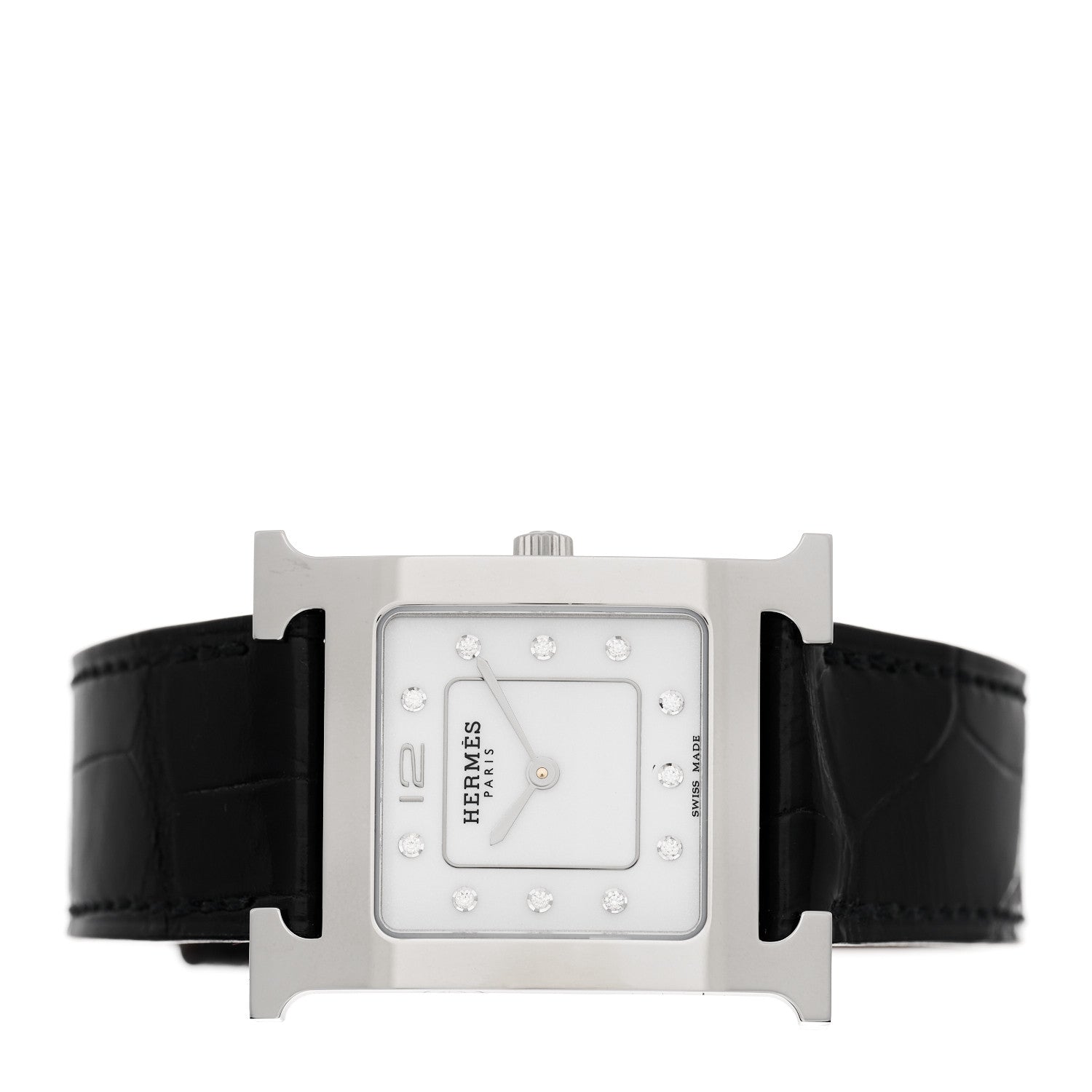 Hermes Stainless Steel Alligator Diamond Mother of Pearl 21mm Heure H Hour Quartz Watch Noir 2 of 5