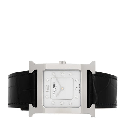 Hermes Stainless Steel Alligator Diamond Mother of Pearl 21mm Heure H Hour Quartz Watch Noir 2 of 5