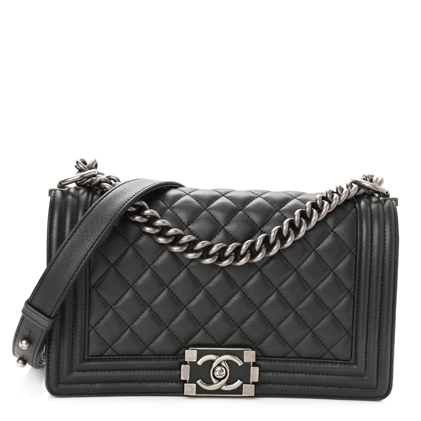 Metallic Calfskin Quilted Medium Boy Flap Black
