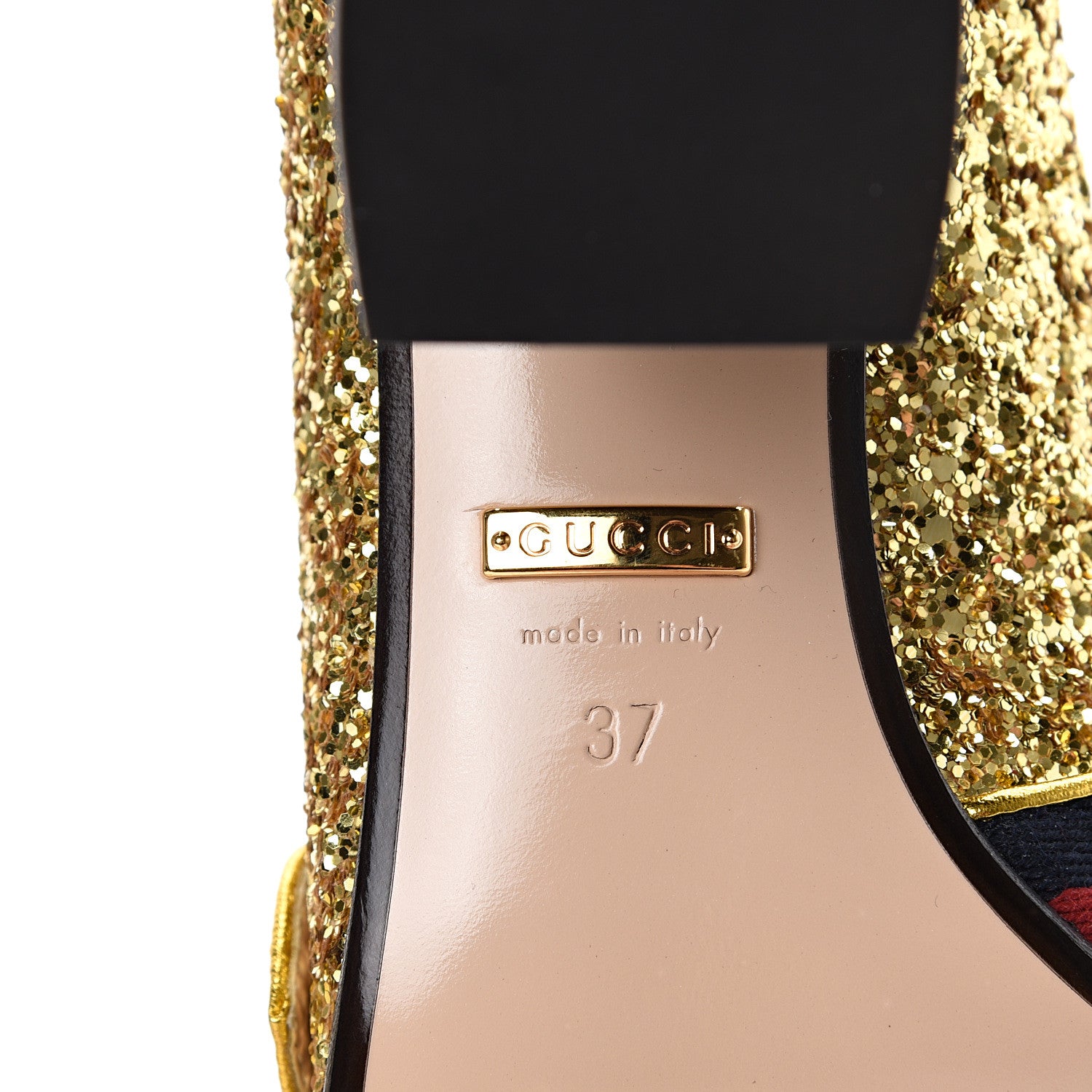 Gucci Glitter Nappa Web Peyton 75mm Loafer Pumps 37 Oro Vecchio 7 of 8