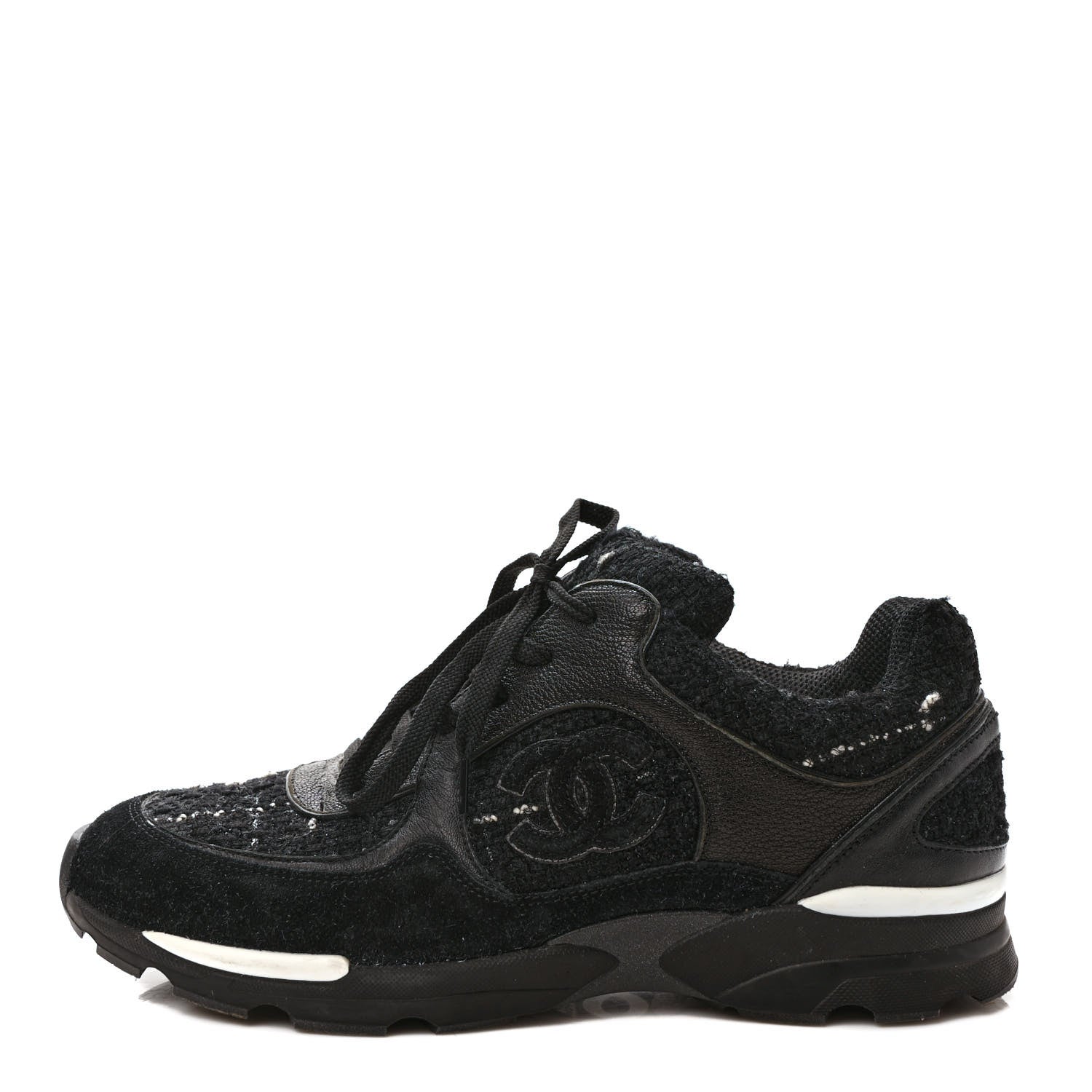Chanel Tweed Suede Goatskin CC Sneakers 40 Black White 1 of 8