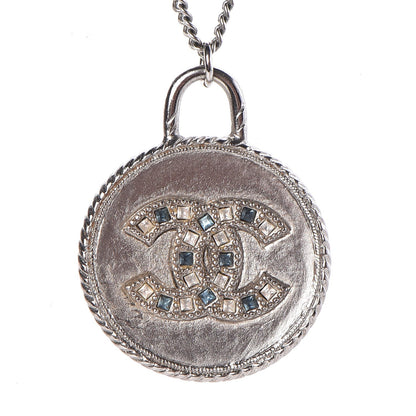 Chanel Crystal CC Medallion Necklace Silver Light Blue 6 of 8