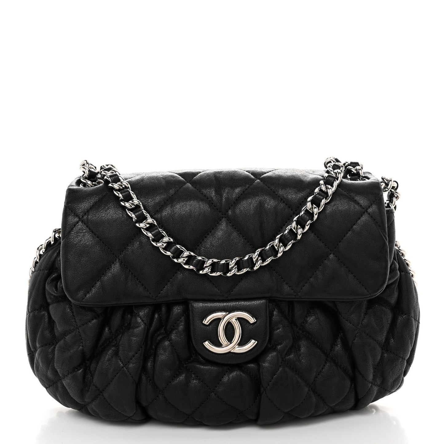 Washed Lambskin Quilted Medium Chain Around Flap Black