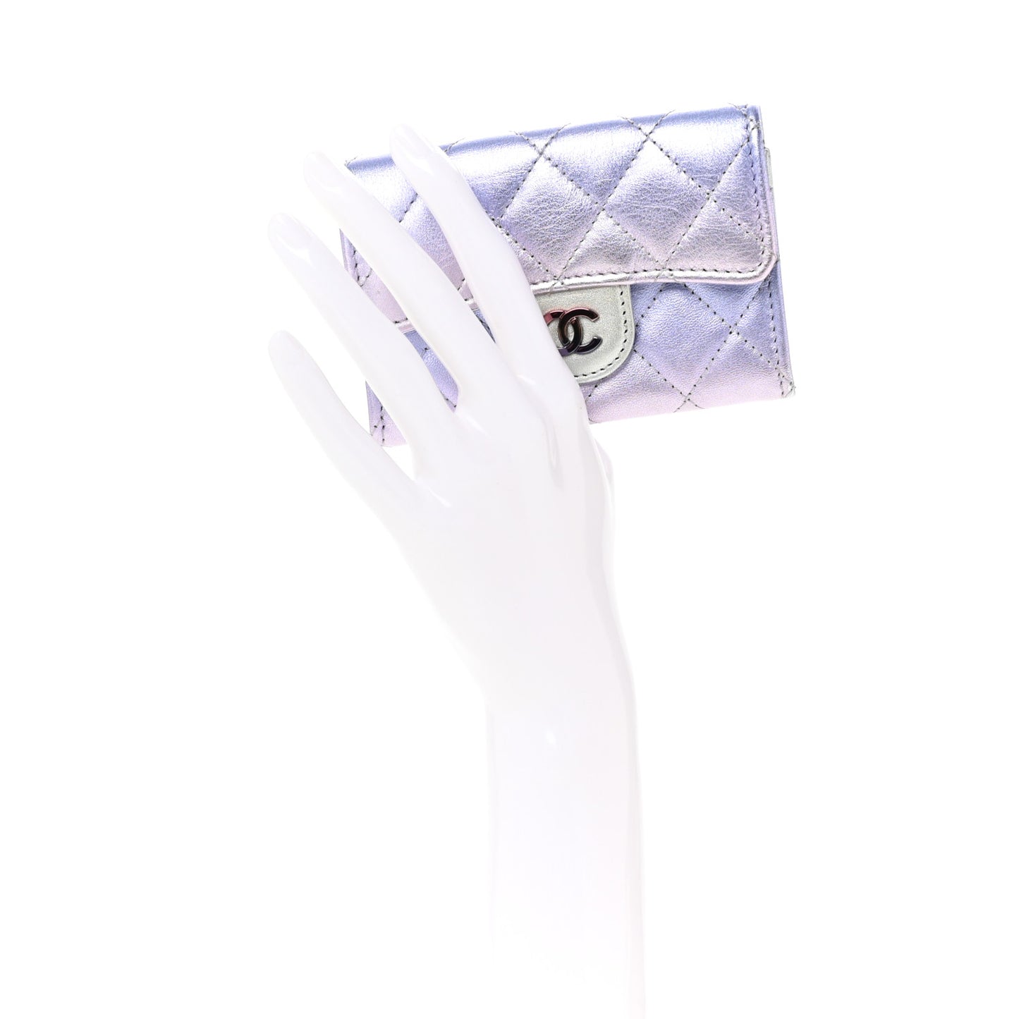 Gradient Metallic Calfskin Quilted Flap Card Holder Wallet Silver Blue Yellow Purple