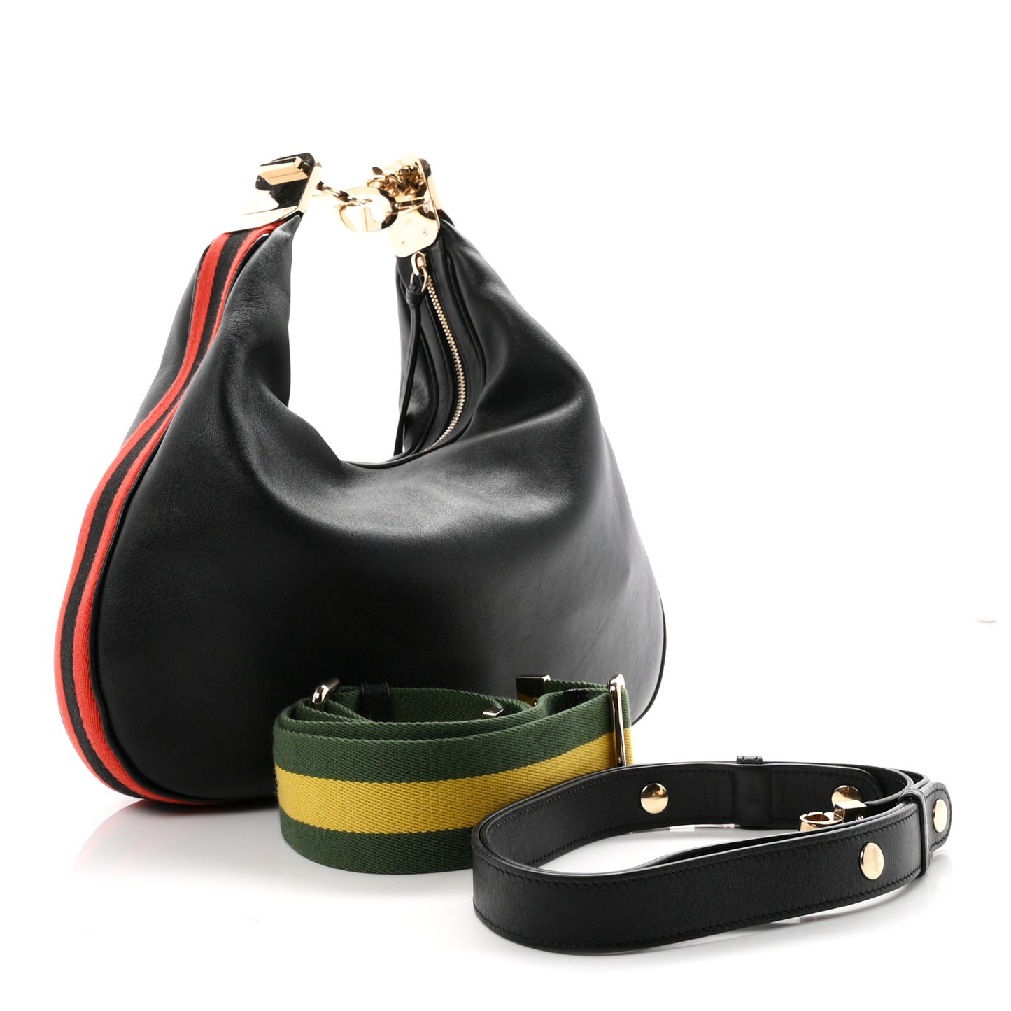 Aria Calfskin Web Large Attache Shoulder Bag Black