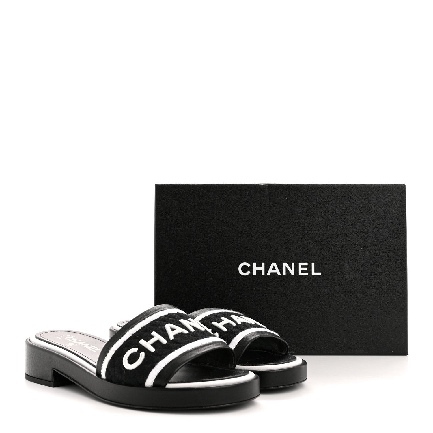 Chanel Lambskin Embroidered CC Mule Sandal 40 Black White 1801223