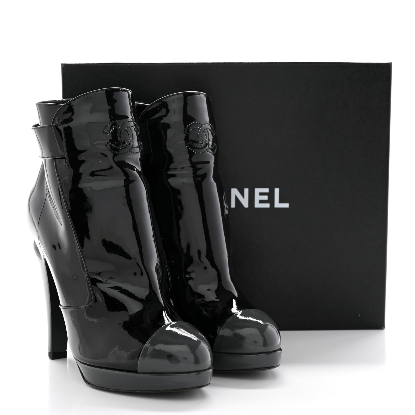Patent Calfskin Cap Toe Ankle Boots 38.5 Black