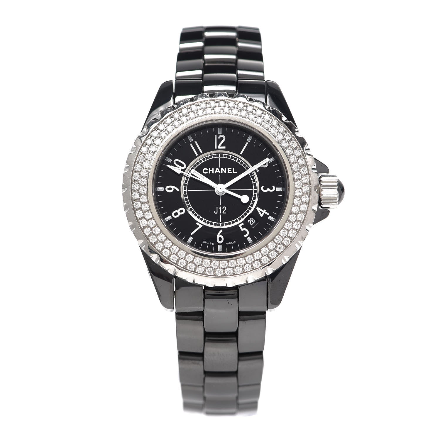 Chanel Stainless Steel Ceramic Diamond Pave Bezel 33mm J12 Quartz Watch Black 1 of 5