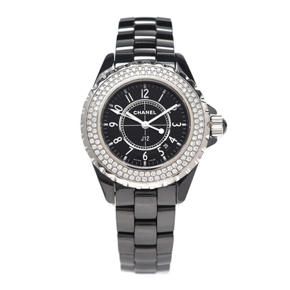 Chanel Stainless Steel Ceramic Diamond Pave Bezel 33mm J12 Quartz Watch Black 1 of 5