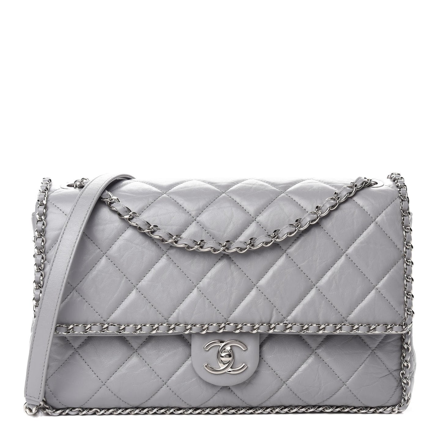 Crumpled Calfskin Large Chain All Over Flap Grey