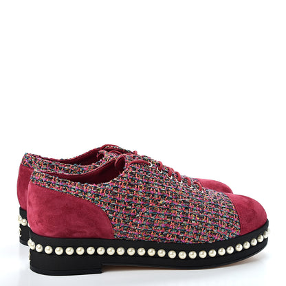 Chanel Tweed Calfskin Pearl Lace Up Sneakers 38.5 Fuchsia Orange Green Red 4 of 9