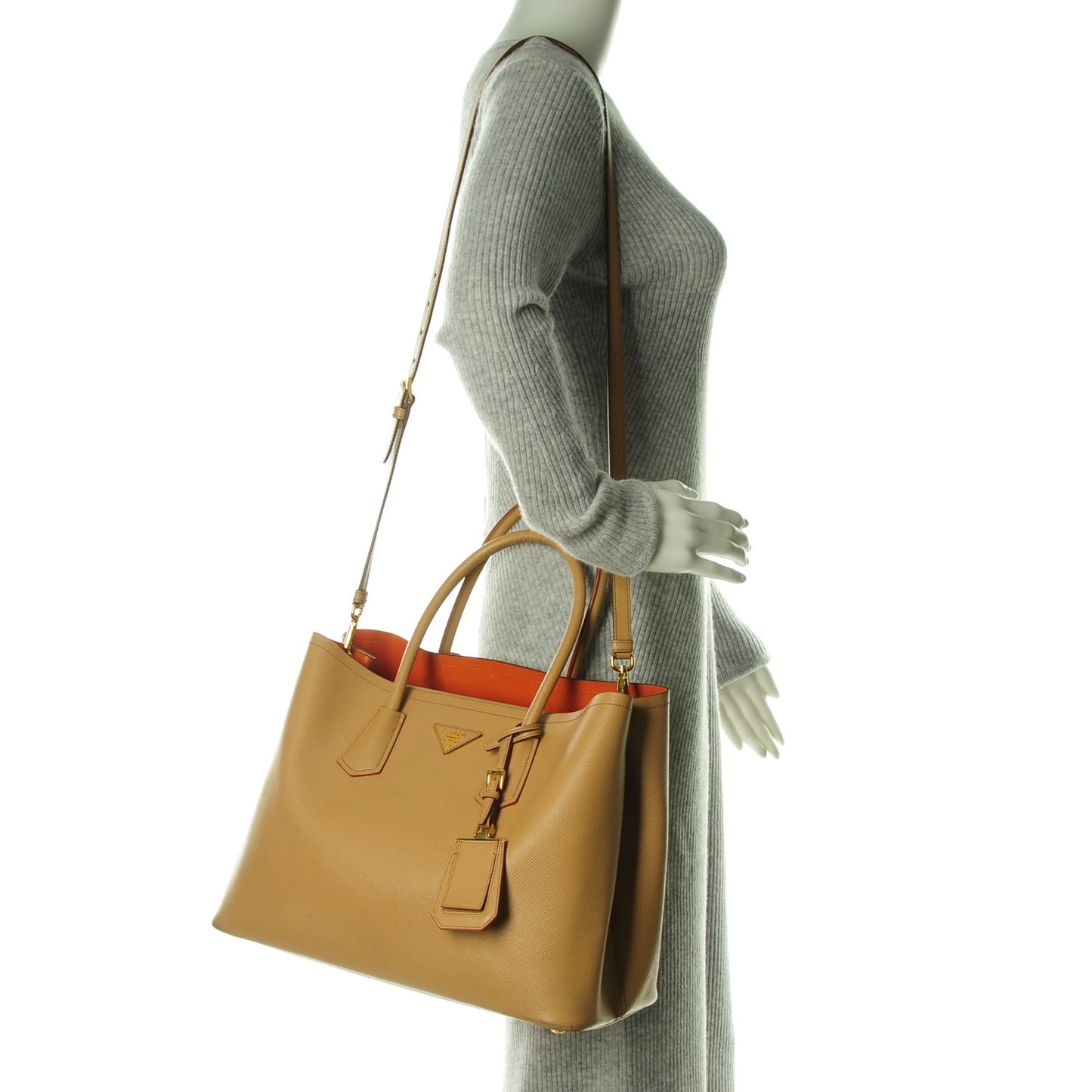 Saffiano Cuir Medium Double Bag Noisette Papaya