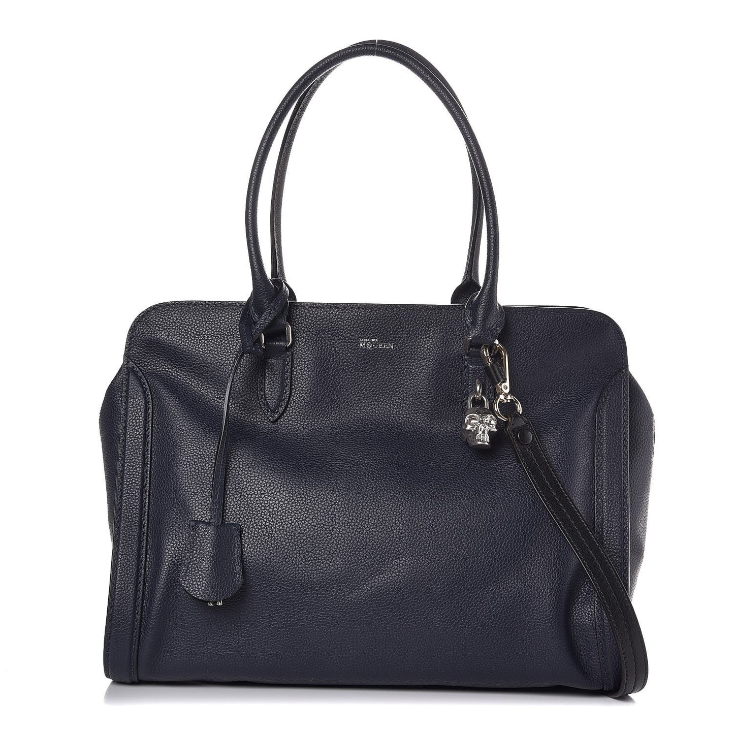 Pebbled Calfskin Large Skull Padlock Zip Around Tote Navy