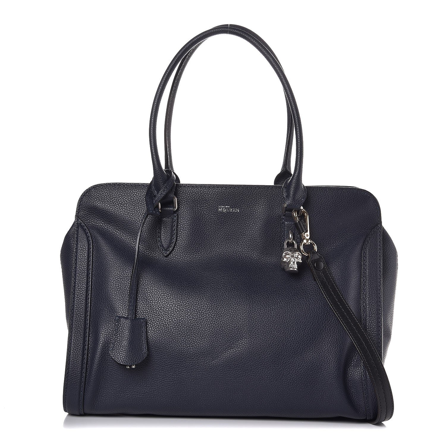 Alexander McQueen Pebbled Calfskin Large Skull Padlock Zip Around Tote Navy 1 of 8