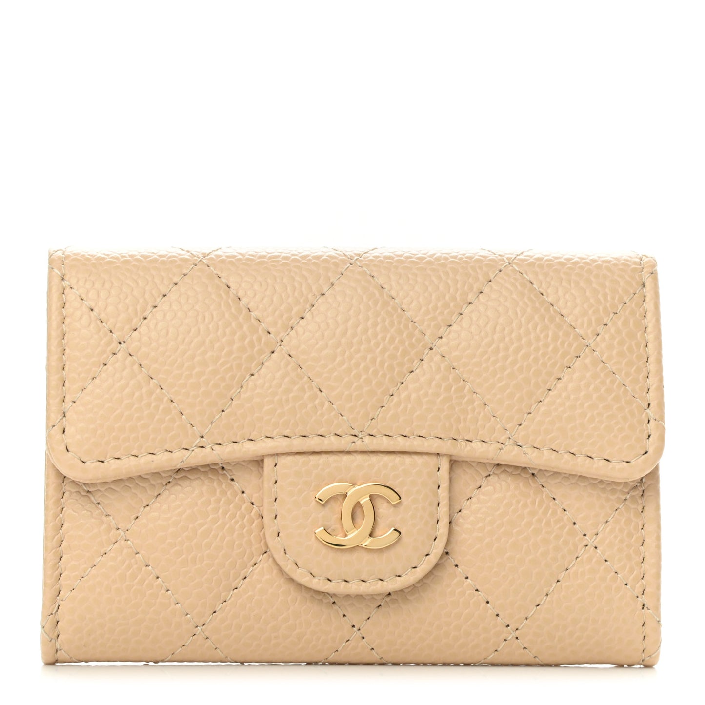 Caviar Quilted Flap Card Holder Wallet Beige