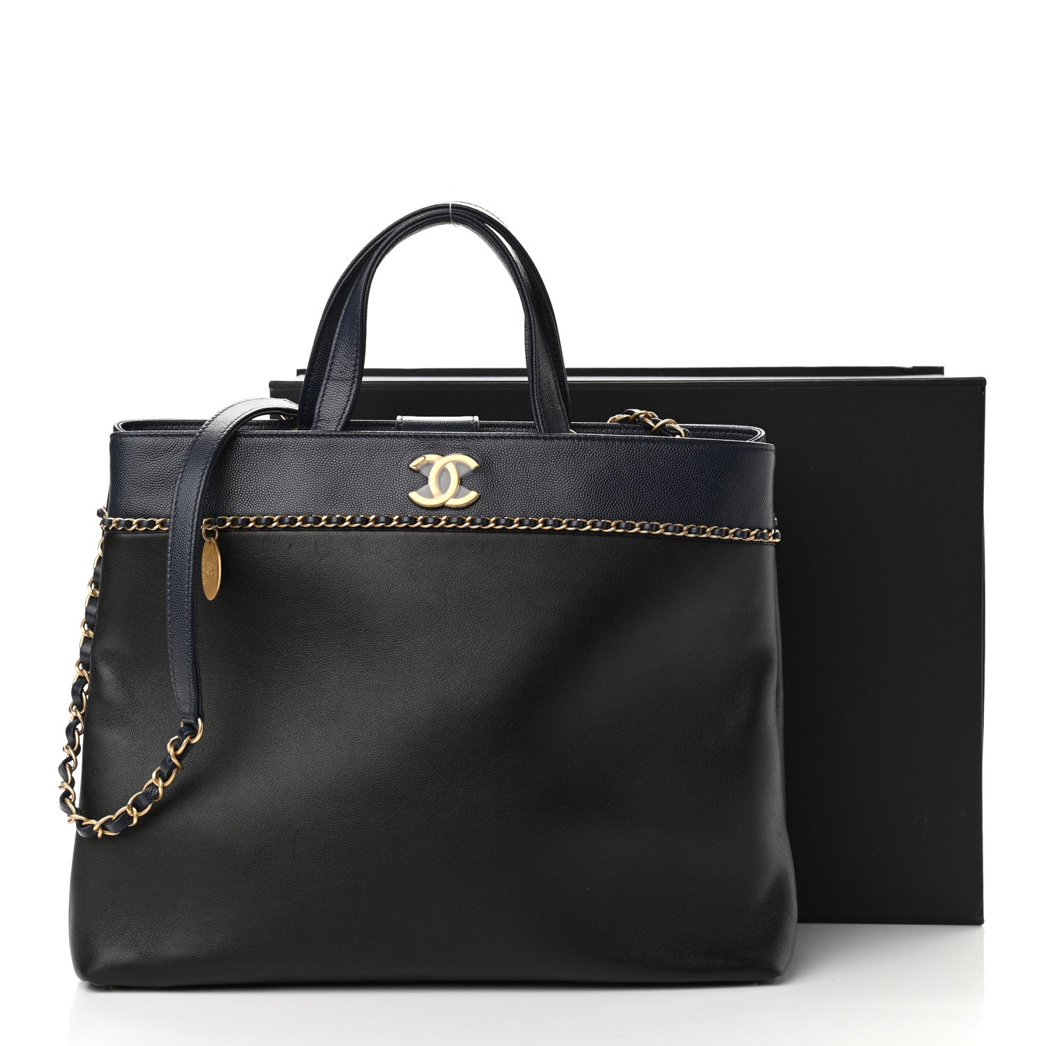 Chanel Lambskin Caviar Lovely Chains Shopping Tote Black Navy 13 of 13