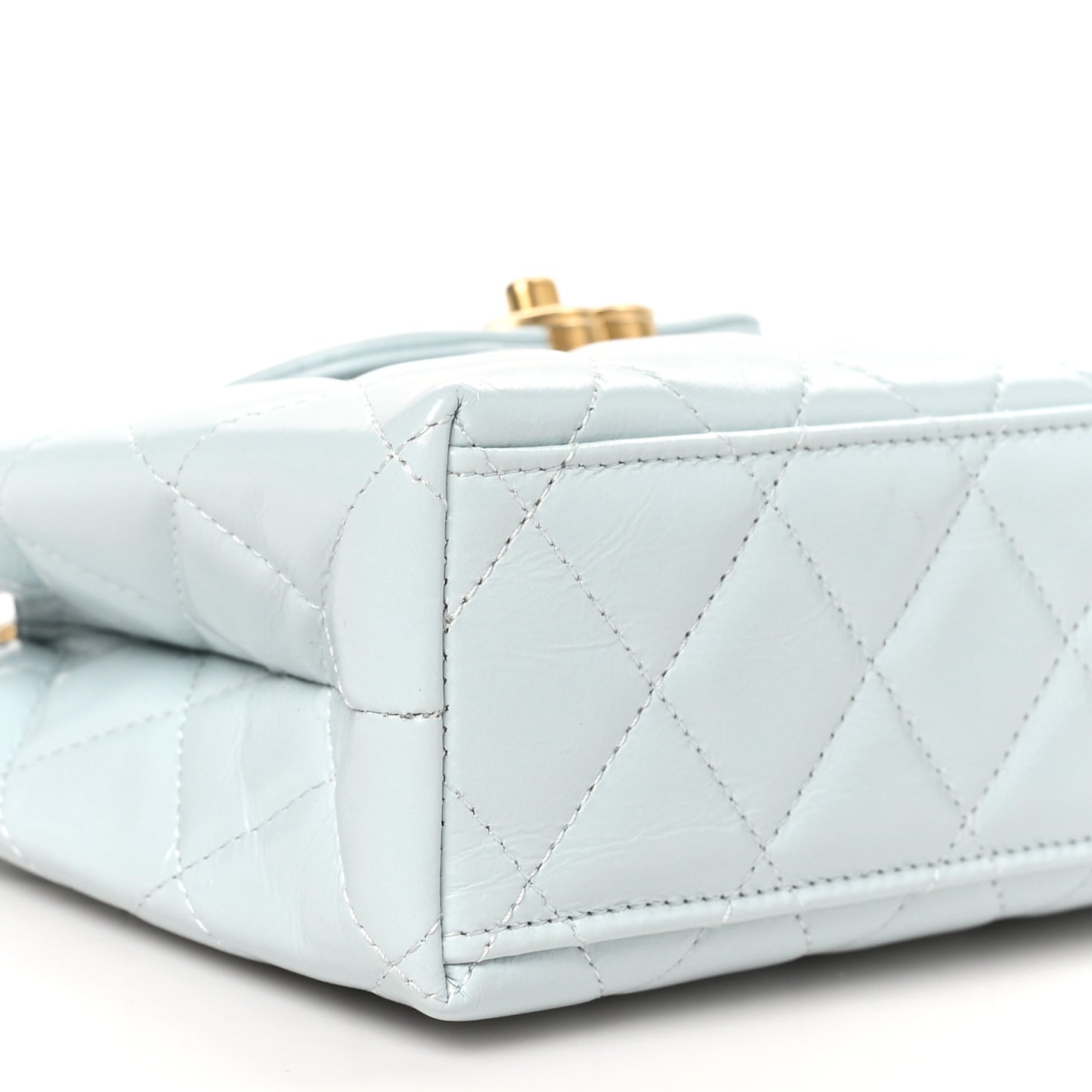 Shiny Aged Calfskin Quilted Nano Kelly Shopper Light Blue