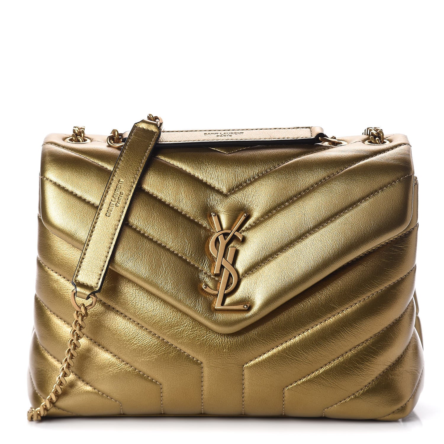 Saint Laurent Metallic Calfskin Y Quilted Small Loulou Monogram Chain Satchel Gold 1 of 12
