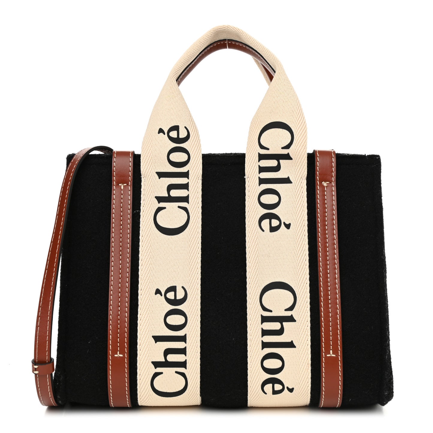 Felt Calfskin Small Woody Ribbon Tote With Strap Black