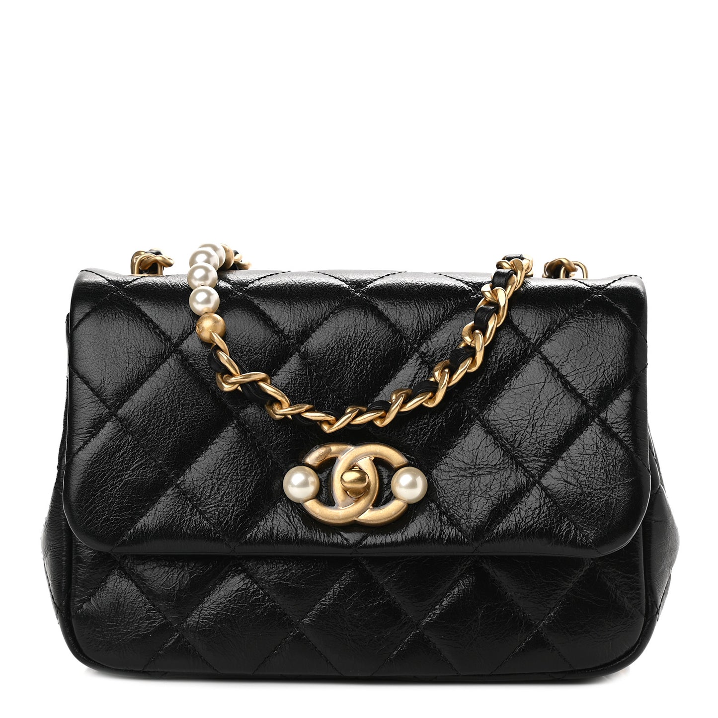 Glazed Calfskin Quilted Mini Pearl Side Flap Black