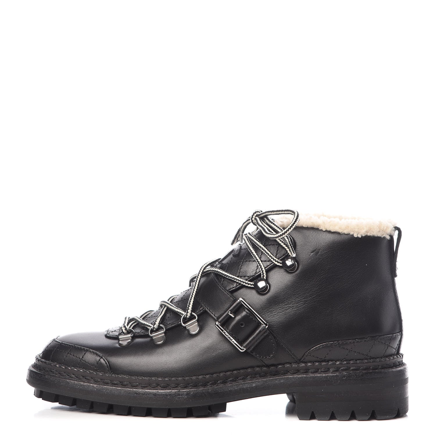 Chanel Shearling Calfskin Lace Up Short Boots 38 Black 1 of 7