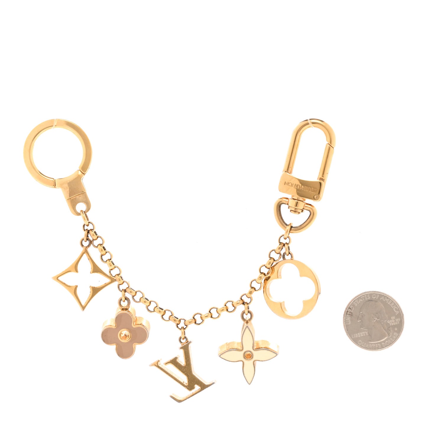 Brass Enamel Fleur De Monogram Bag Charm Chain Gold