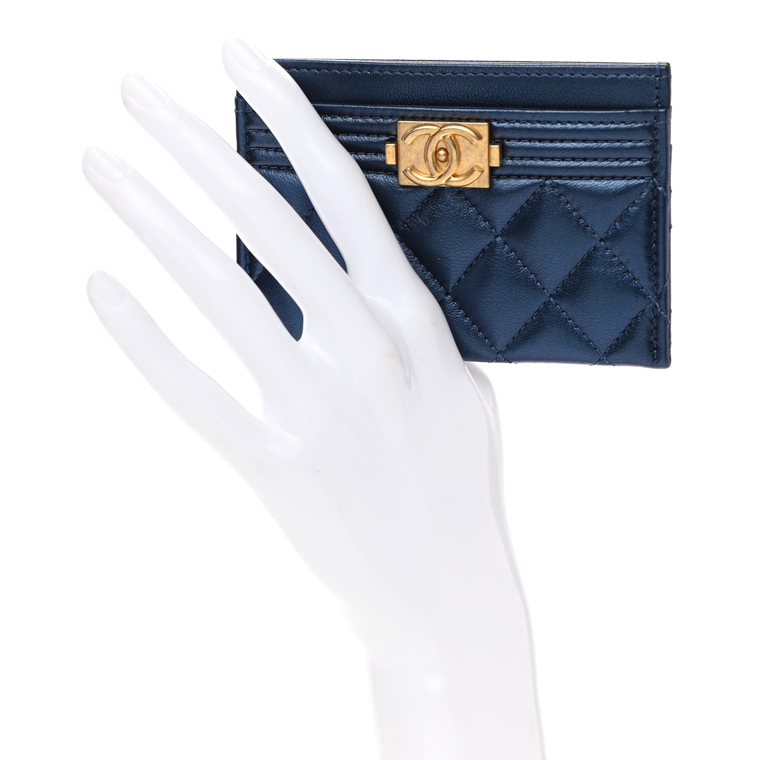 Chanel Metallic Lambskin Quilted Boy Card Holder Blue 2 of 8