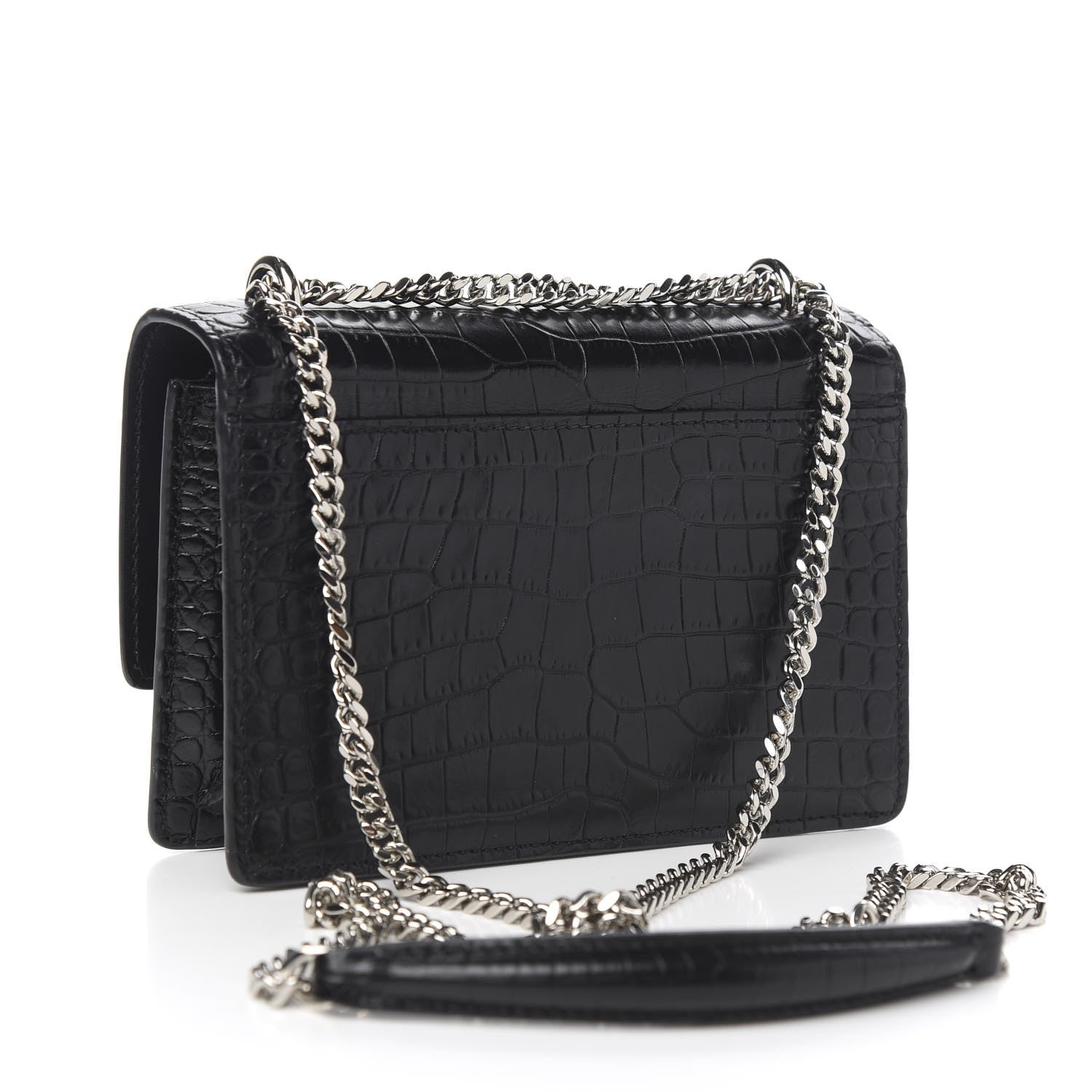 Saint Laurent Calfskin Crocodile Embossed Monogram Sunset Chain Wallet Black 2 of 8