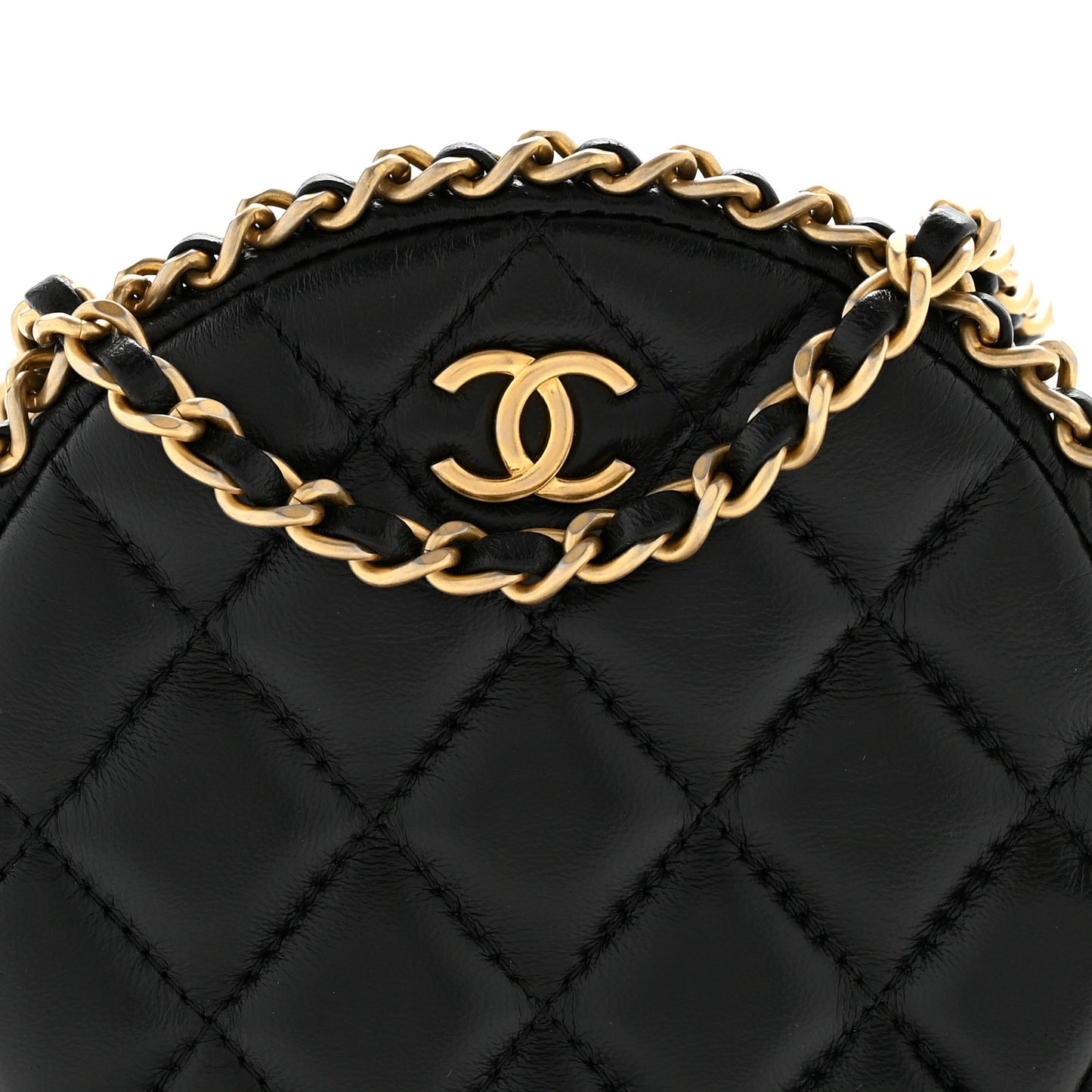 Lambskin Quilted Chain Around CC Round Clutch With Chain Black