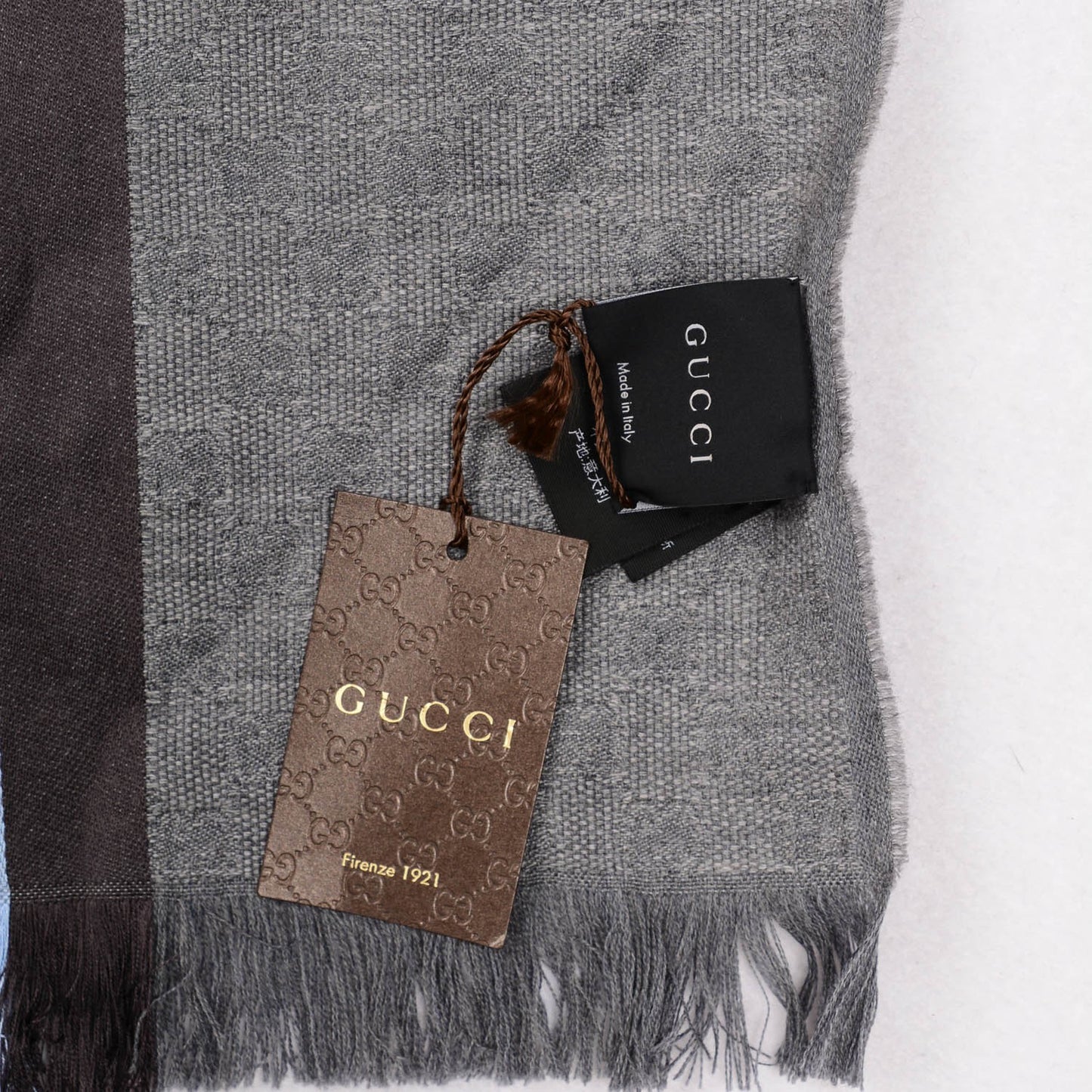 Wool Silk GG Monogram Web Verbier Fringe Scarf Grey