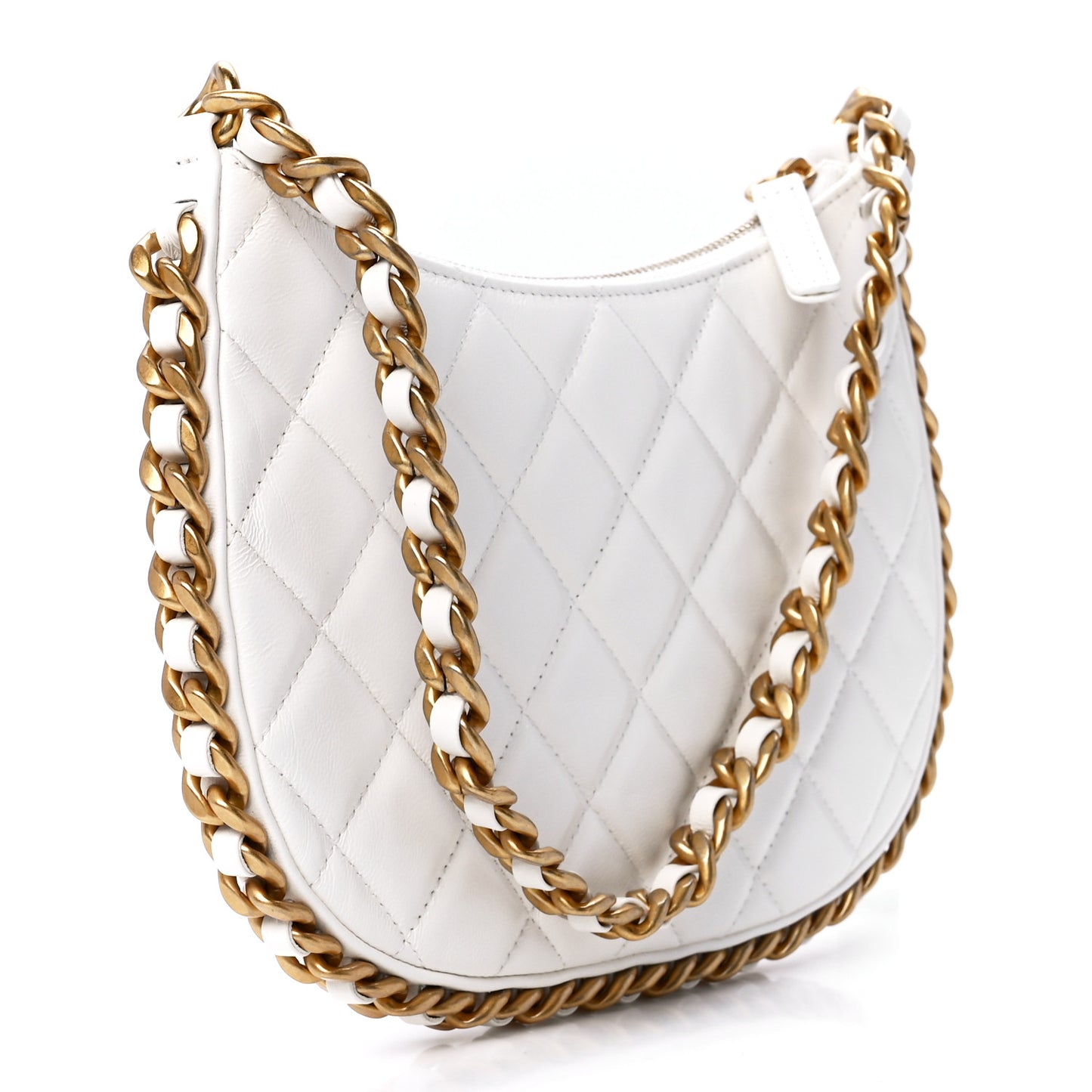 Shiny Crumpled Lambskin Quilted Trendy Chain Around Hobo White