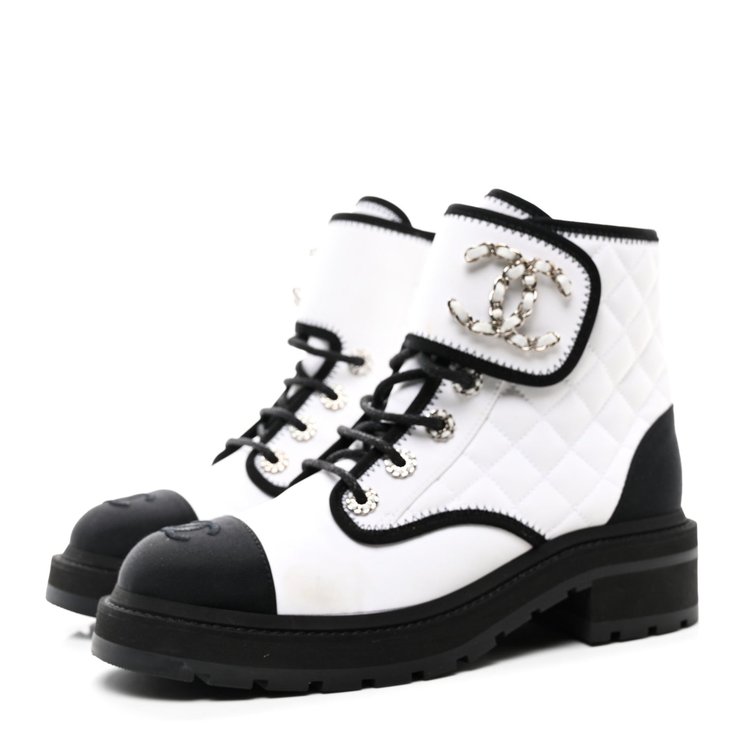 Fabric Grosgrain Quilted Cap Toe Lace Up Combat Boots 38.5 White Black