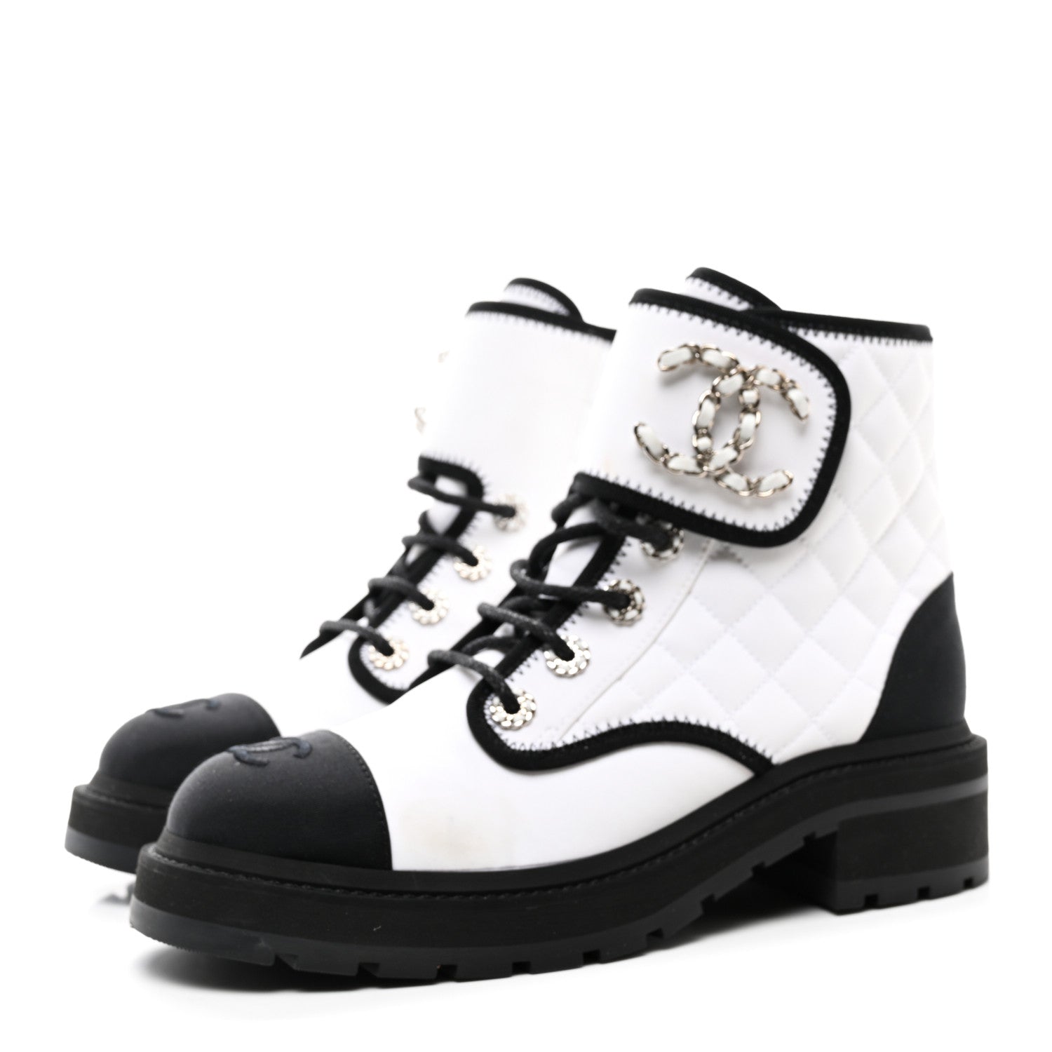 Chanel Fabric Grosgrain Quilted Cap Toe Lace Up Combat Boots 38.5 White Black 3 of 9