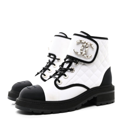 Chanel Fabric Grosgrain Quilted Cap Toe Lace Up Combat Boots 38.5 White Black 3 of 9