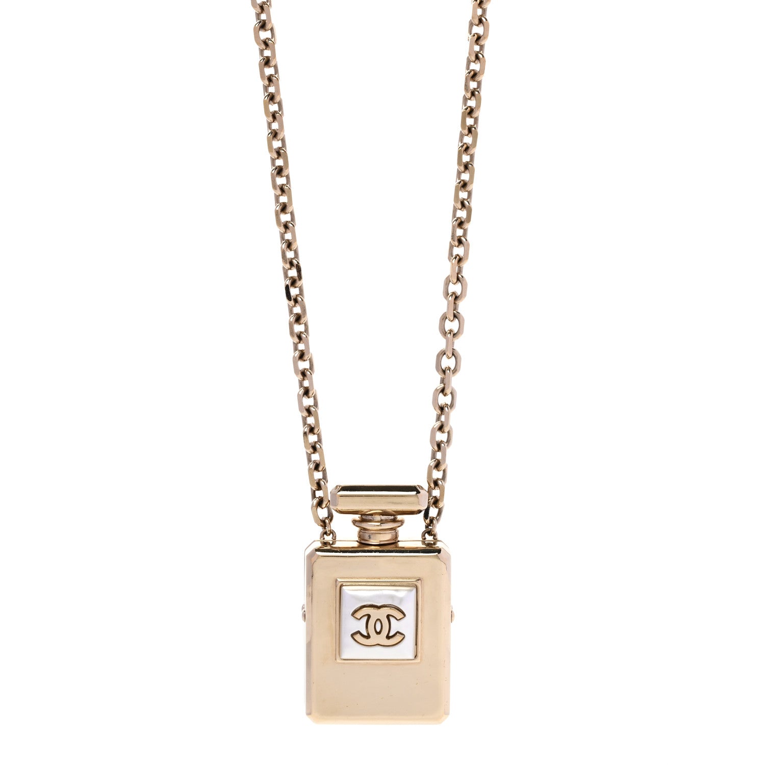 Chanel Metal Pearl Perfume Bottle CC Locket Necklace Gold 1617307