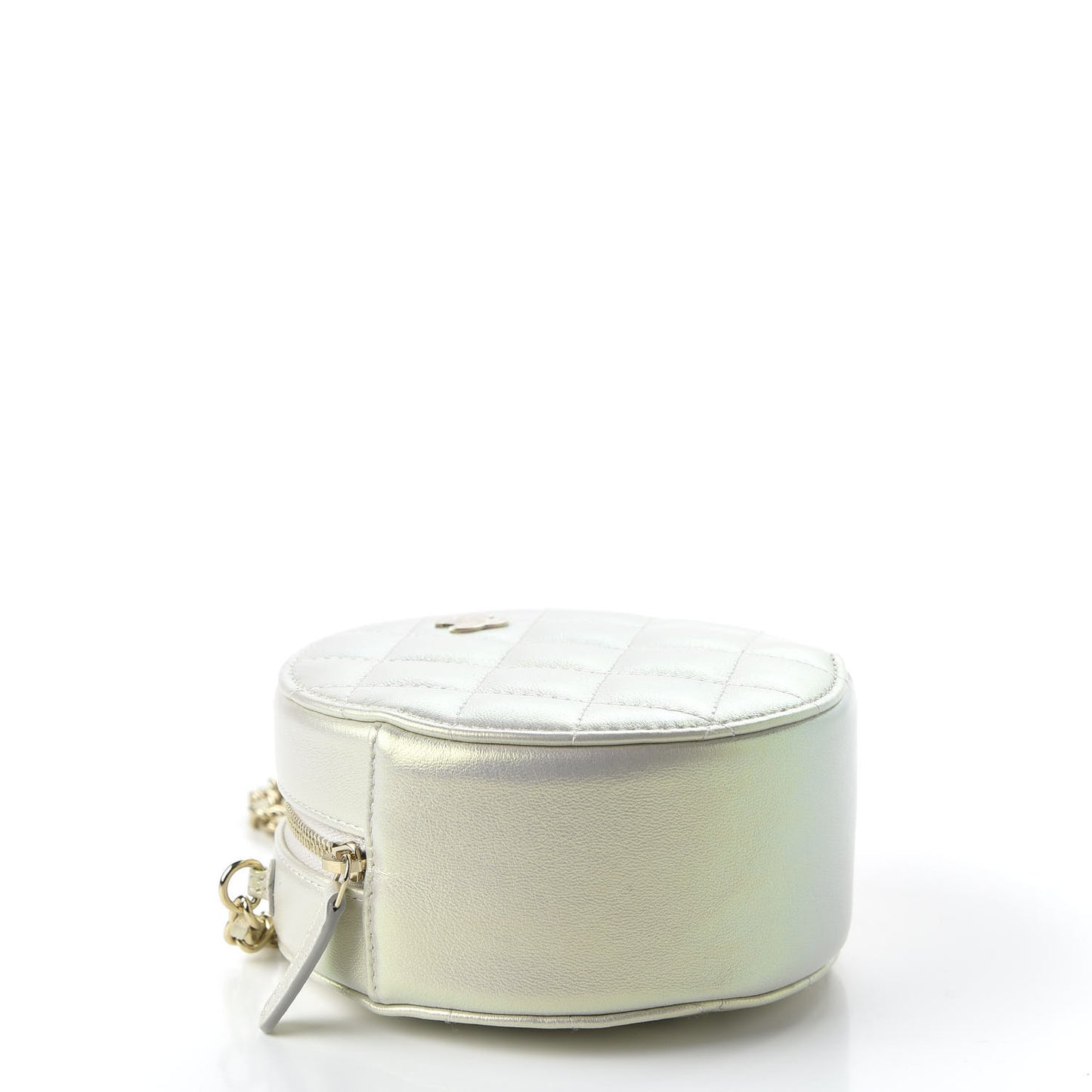 Iridescent Lambskin Quilted Round Clutch With Chain Ivory