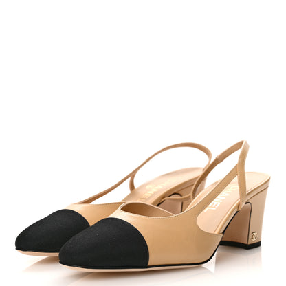 Chanel Goatskin Grosgrain Cap Toe CC Slingback Pumps 39.5 Beige Black 4 of 10