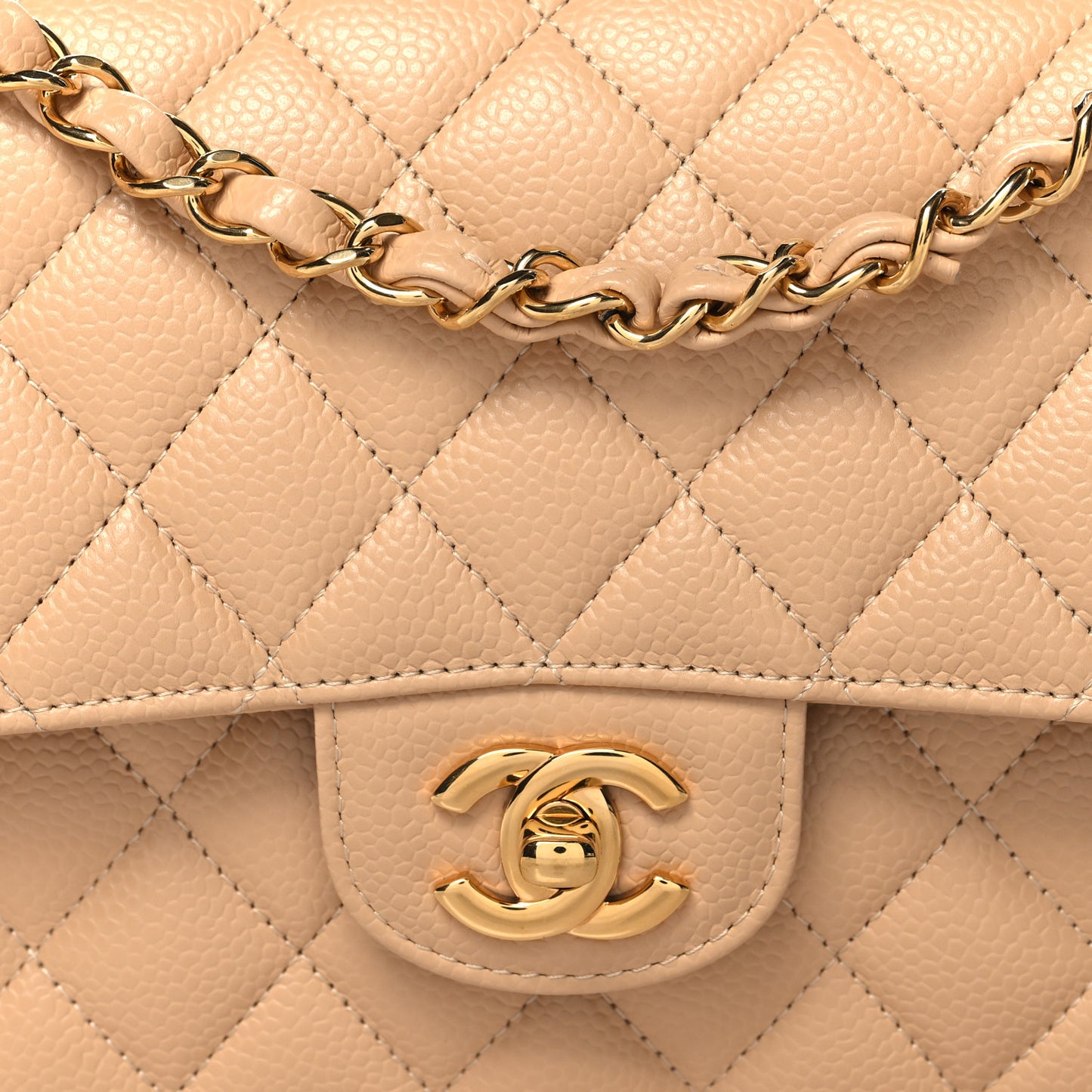 Caviar Quilted Medium Double Flap Beige