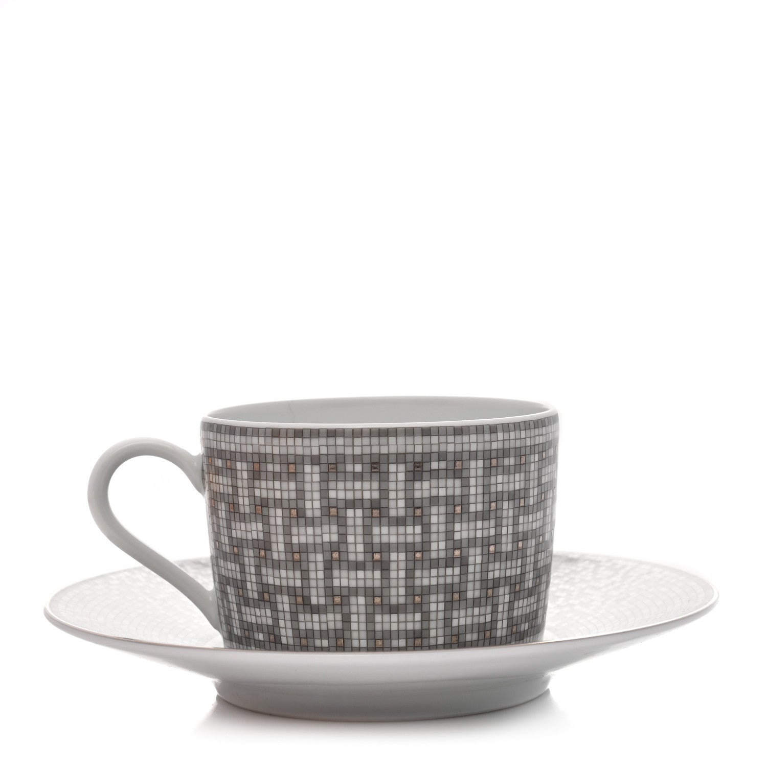 Hermes Porcelain Mosaique Au 24 Platine Tea Cup And Saucer Platinum 1 of 9