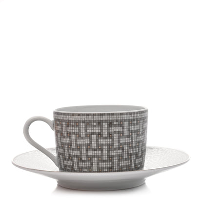 Hermes Porcelain Mosaique Au 24 Platine Tea Cup And Saucer Platinum 1 of 9