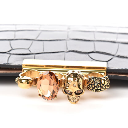Alexander McQueen Calfskin Crocodile Embossed Knuckle Flat Clutch Black Gold 7 of 7