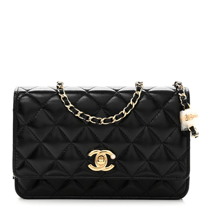 Chanel Shiny Lambskin Quilted CC Pearl Wallet on Chain WOC Black 1 of 12