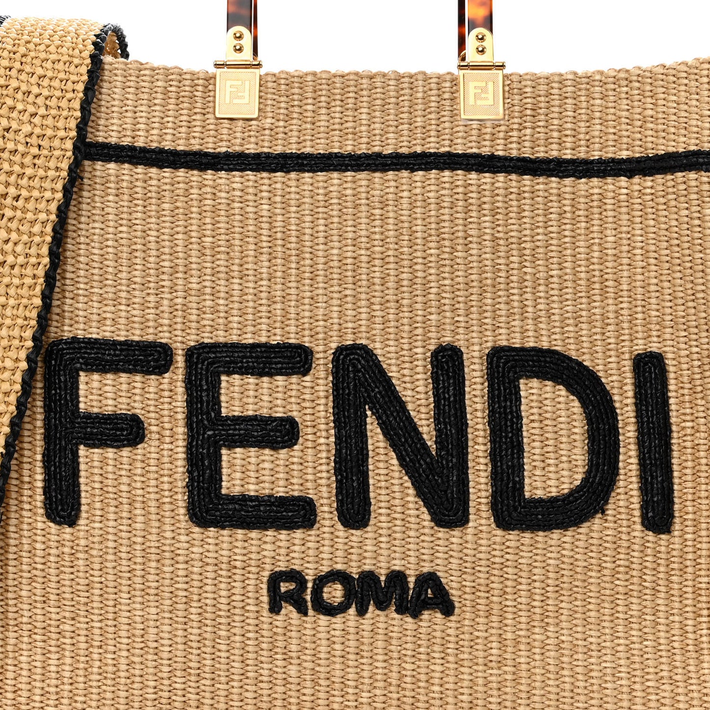 Straw Vitello King Plexiglass Woven Medium Fendi Sunshine Shopper Tote Natural Black