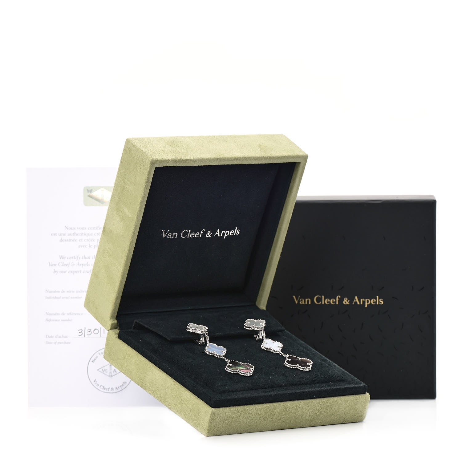 Van Cleef & Arpels 18K White Gold Mother of Pearl Chalcedony 3 Motifs Magic Alhambra Earrings 5 of 5