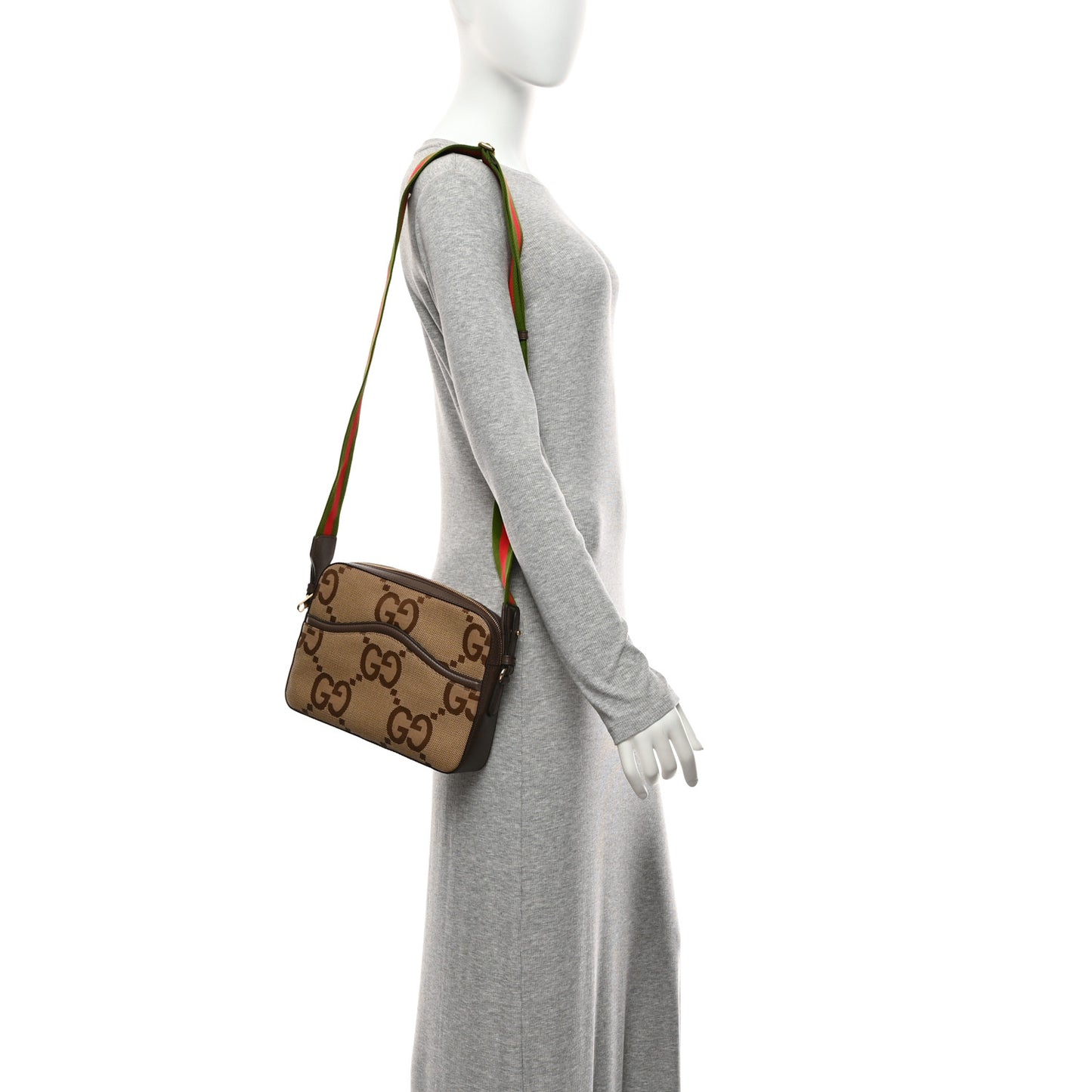 Monogram Jumbo GG Textured Dollar Calfskin Web Messenger Shoulder Bag Camel Ebony New Acero