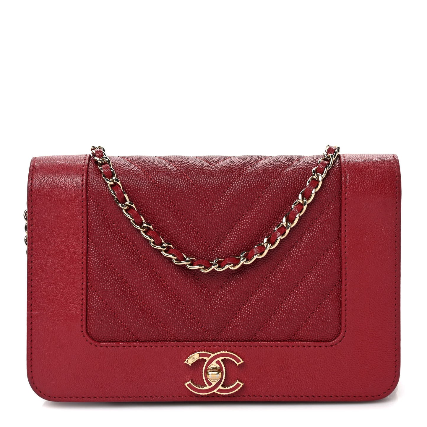 Sheepskin Caviar Chevron Quilted Vintage Mademoiselle Wallet On Chain WOC Red
