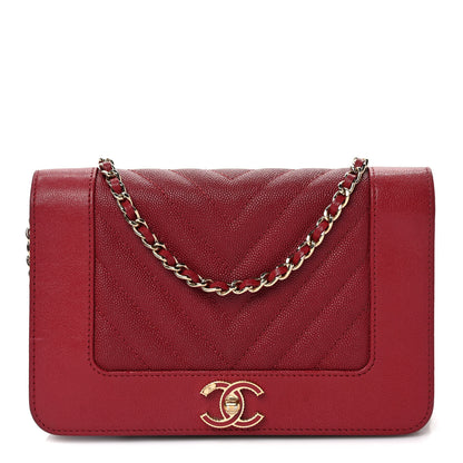 Chanel Sheepskin Caviar Chevron Quilted Vintage Mademoiselle Wallet On Chain WOC Red 1 of 9