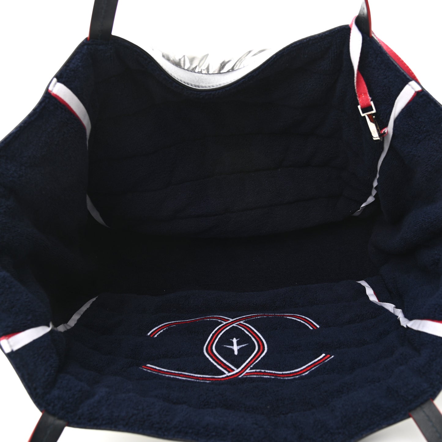 Nylon Terry Cloth Reversible Chanel Airlines Tote Silver Navy