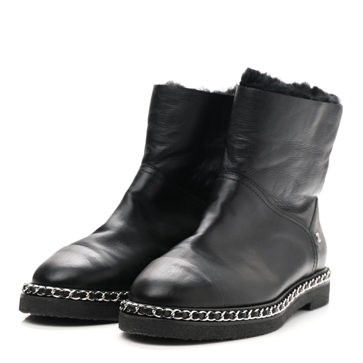 Chanel Calfskin Shearling Womens Cap Toe Chain Short Boots 39.5 Black 3 of 6